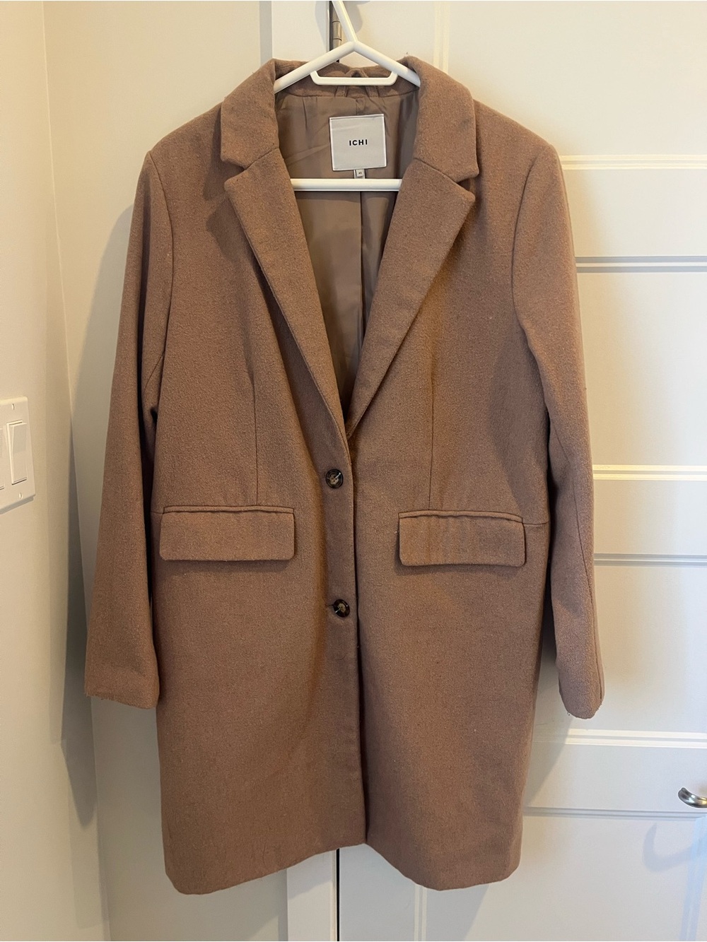 ICHI Women's Tan Single-Breasted Wool-Blend Trench Coat